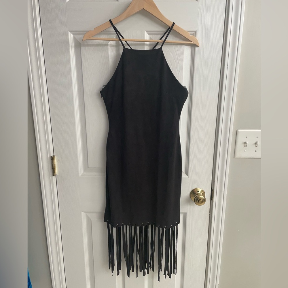 Misguided Fringe Dress Black Soft Size 8 Black